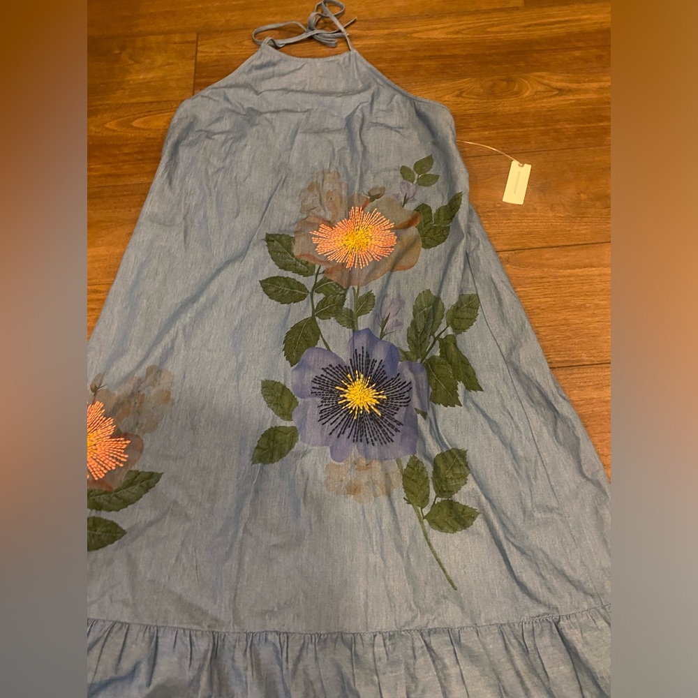 Anthropologie Pilcro Halter Embroidered Denim Midi Dress - Picture 9 of 11